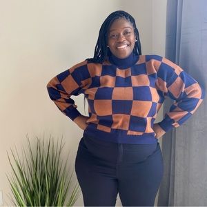 Eloquii Blue and Brown checkerboard sweater